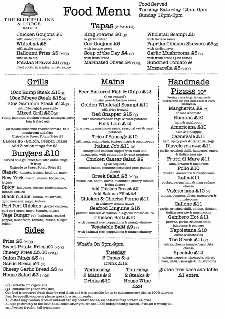 View Our Menus at The Bluebell Inn & Lodge Desford