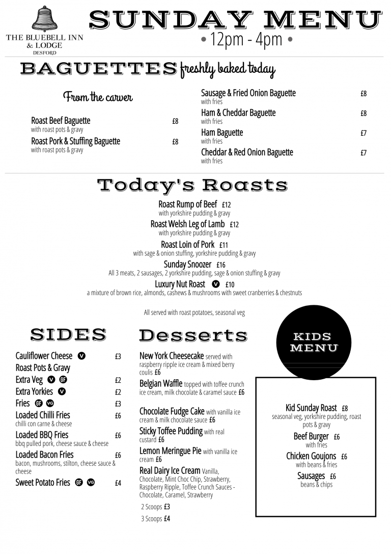View Our Menus at The Bluebell Inn & Lodge Desford
